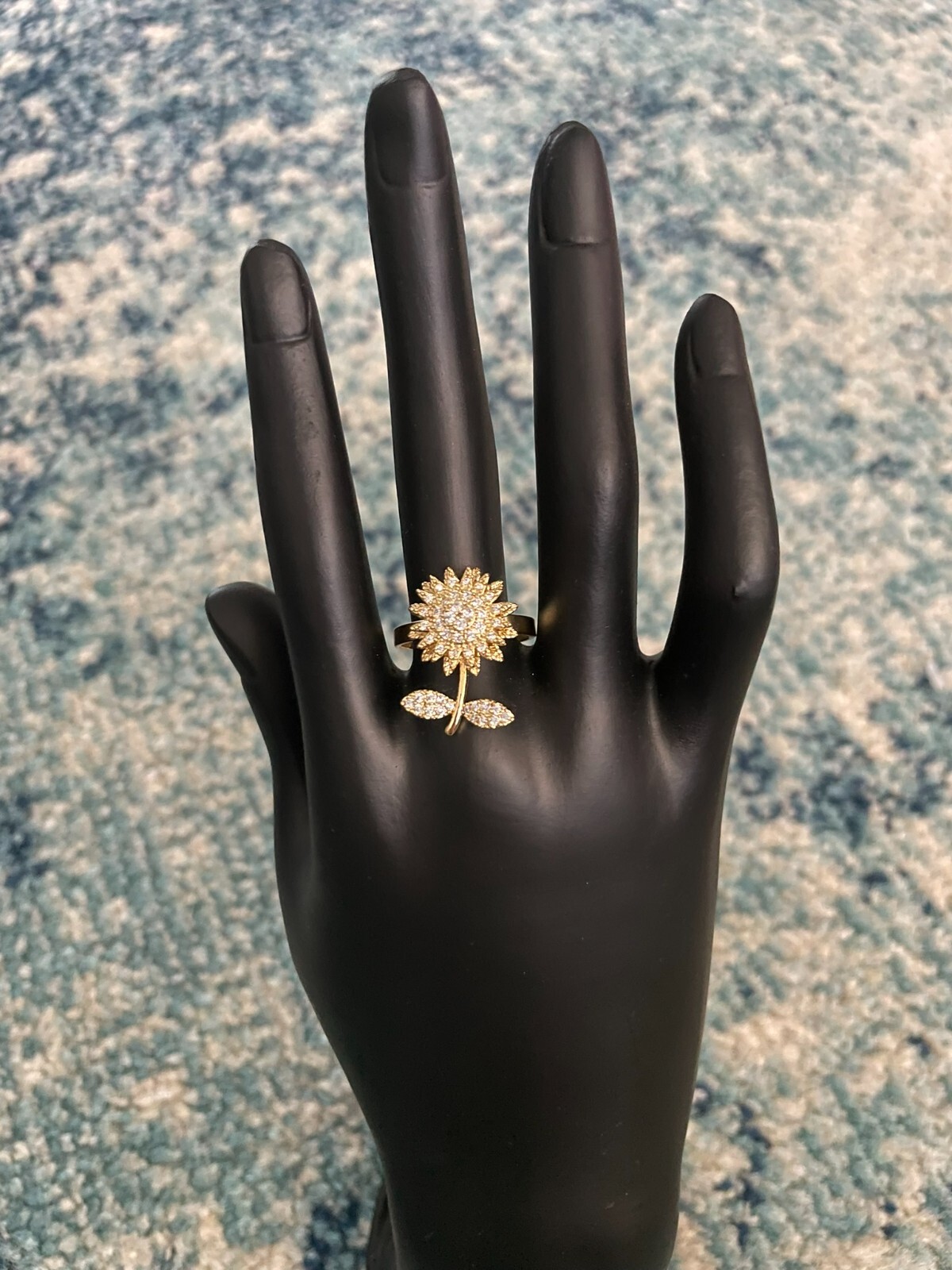 Gold Sunflowers Adjustable Opening Fidget Ring Anxiety Crystal Spinning Ring