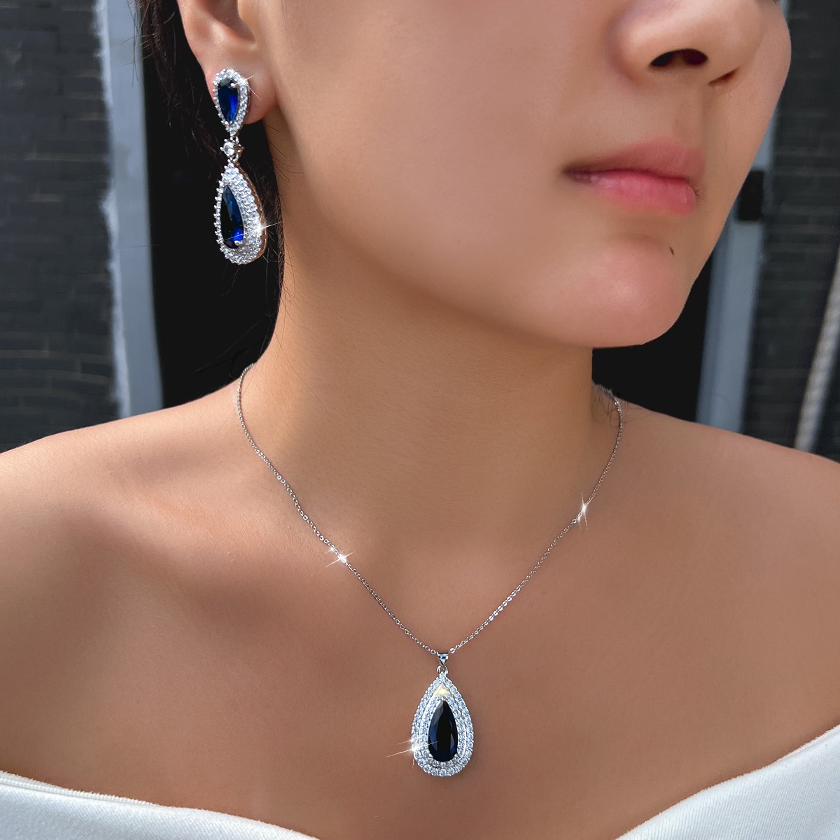 Silver Plated Long Teardrop Drop Earrings Necklace Women Zircon Jewelry Set Gift