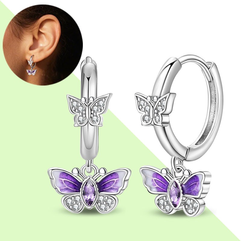 PANDACH 925 Sterling Silver Purple Butterfly Earrings For Women Drop Earrings
