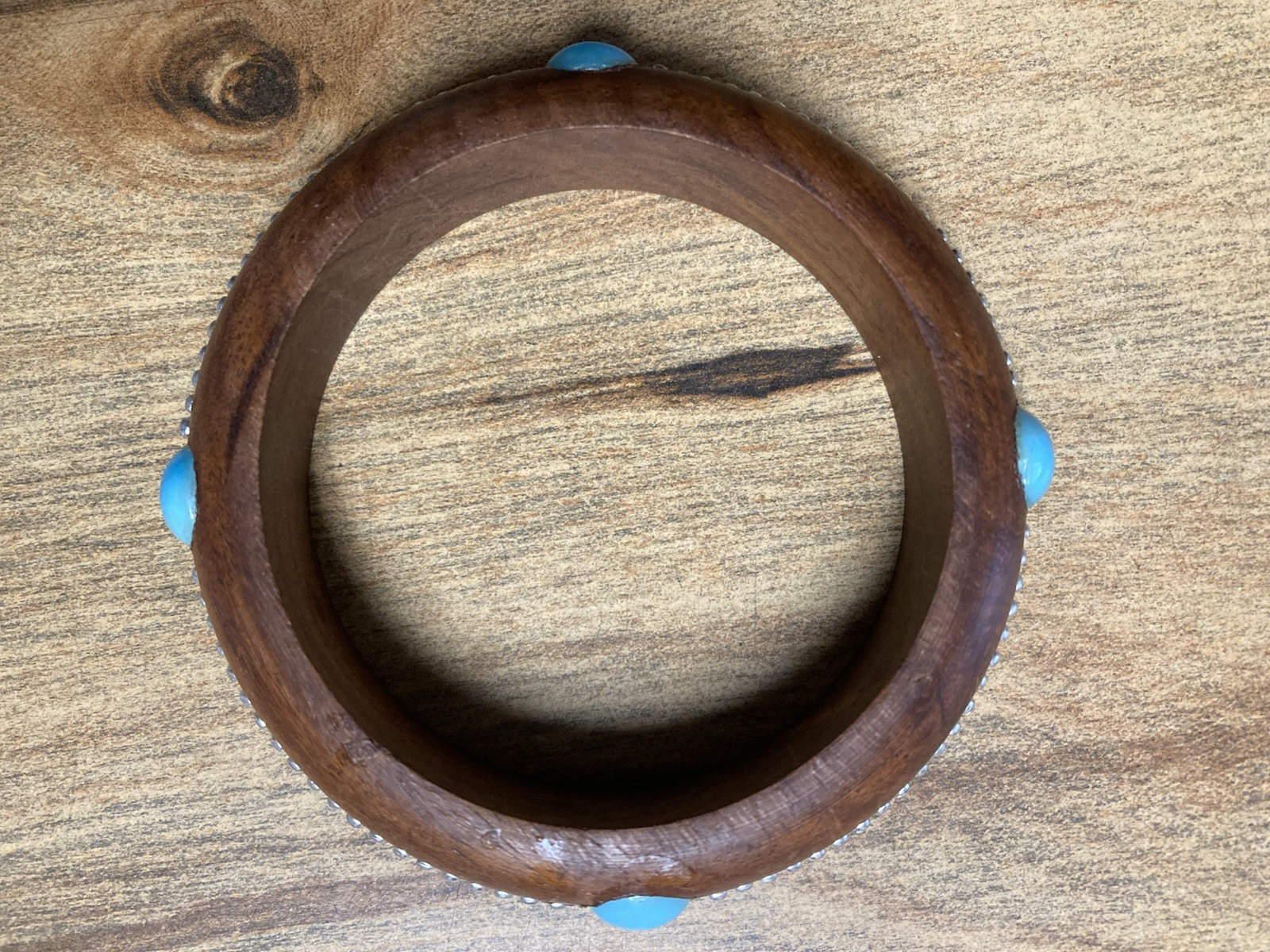 Wood Bangle Bracelet with Silver Color Beads All Around and 4 Turq Color Stones