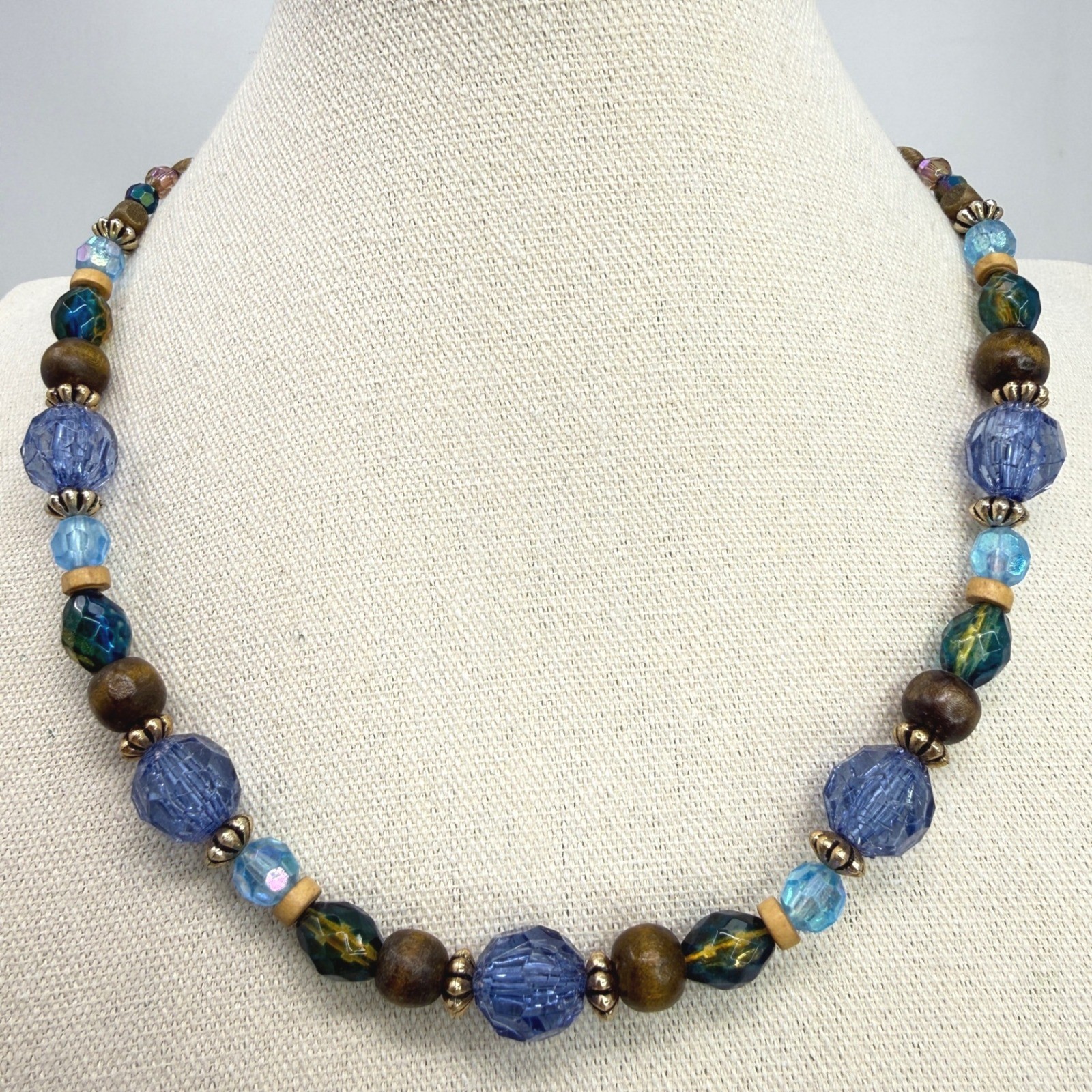 Iridescent Beaded Necklace Blue Green Gold Tone Adjustable