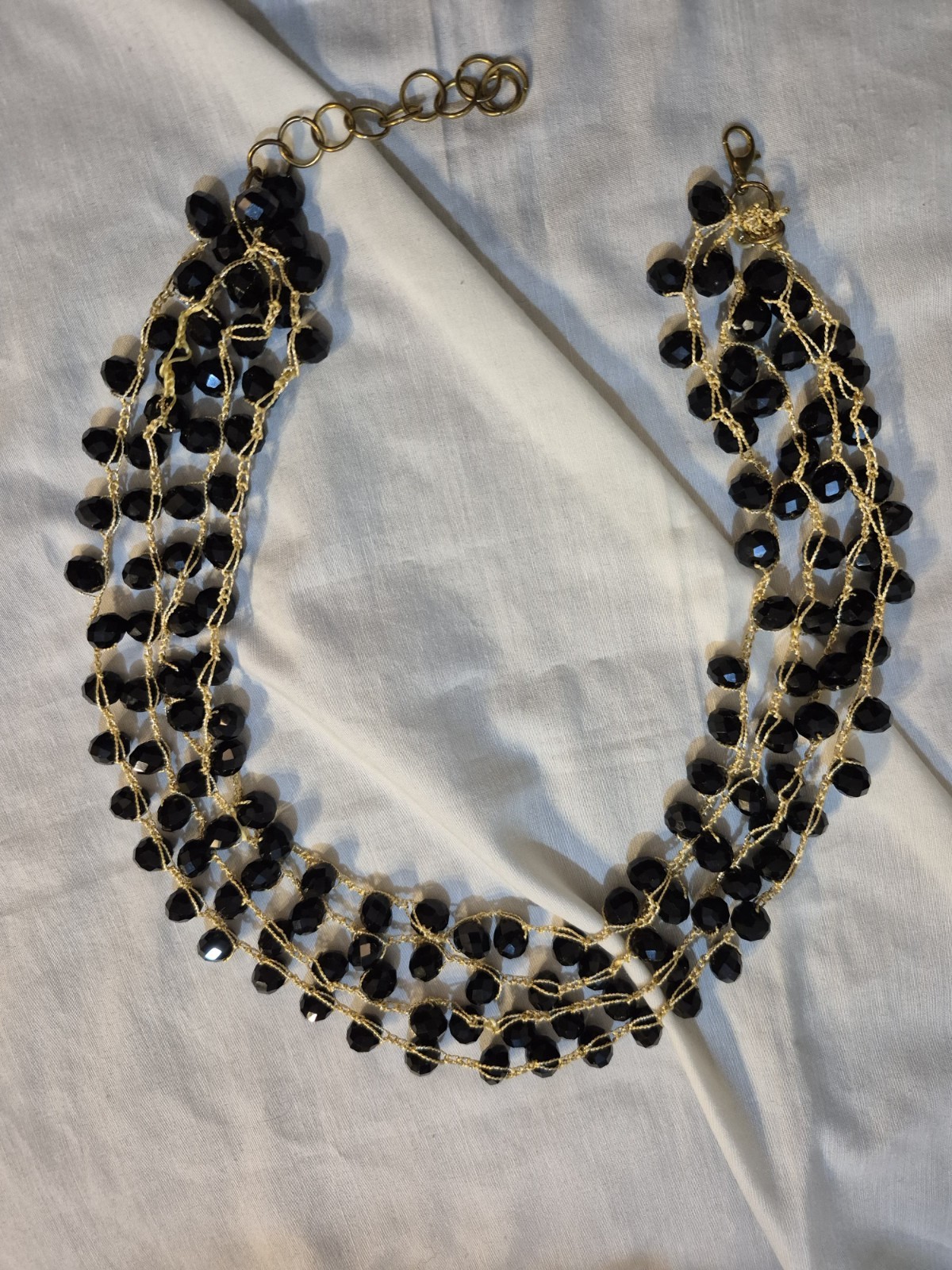 Handmade Black Crystal Gold Silk Crochet Statement Choker Necklace for Women