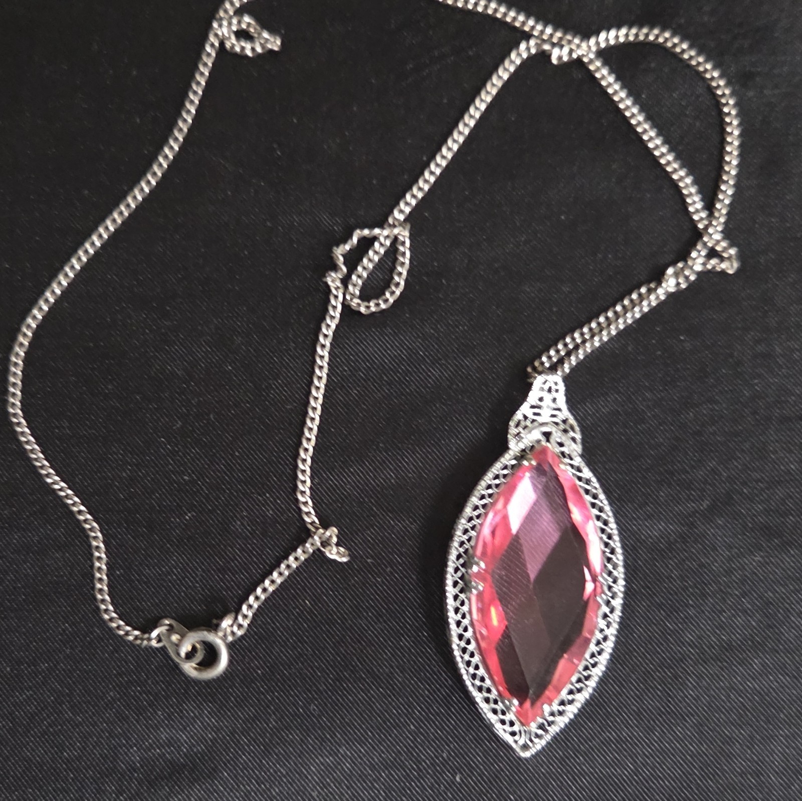 Silver Tone Box Chain Necklace Pink Marquise Crystal Pendant Bezel Lobster