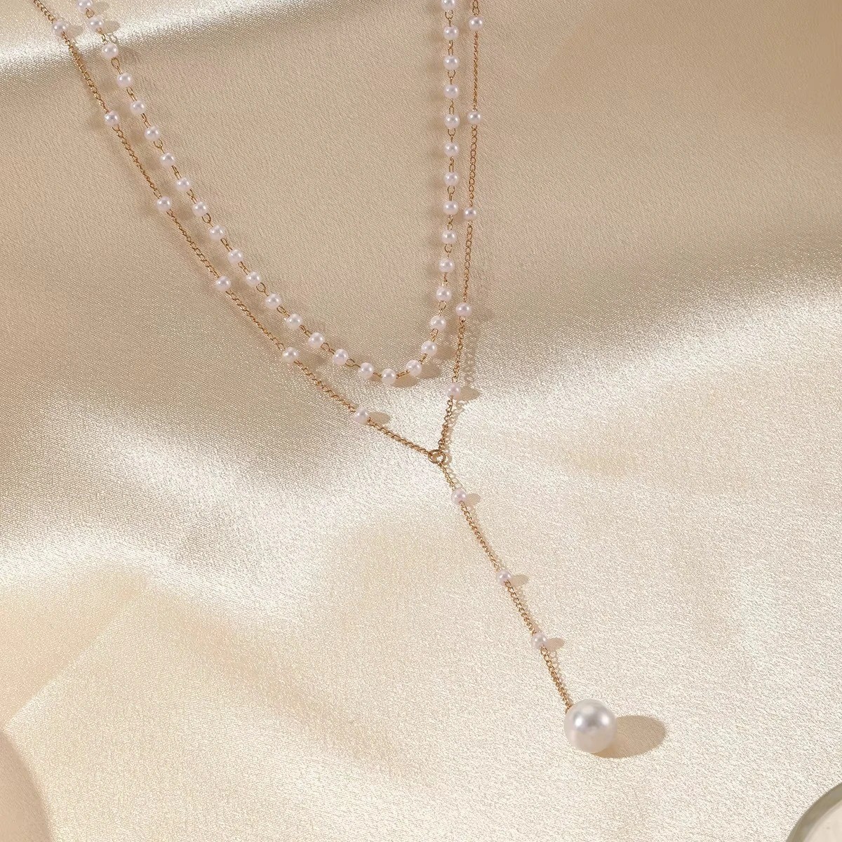 Layered Pearl Necklace Women Gold Y Lariat Choker Dainty Beaded Pendant Jewelry-