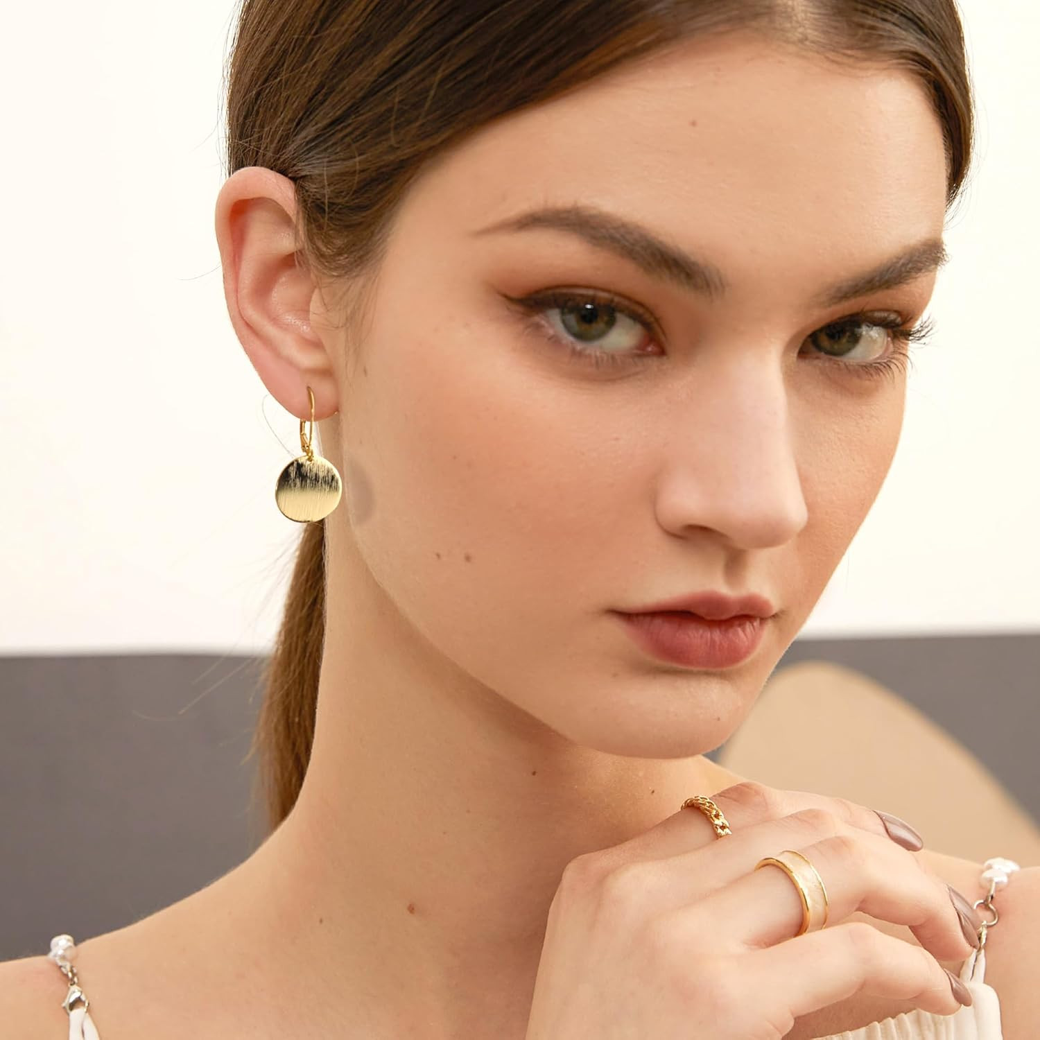 14K Gold Dangle Earrings for Women，Lightweight Circle Disc Coin Geometric Flat B