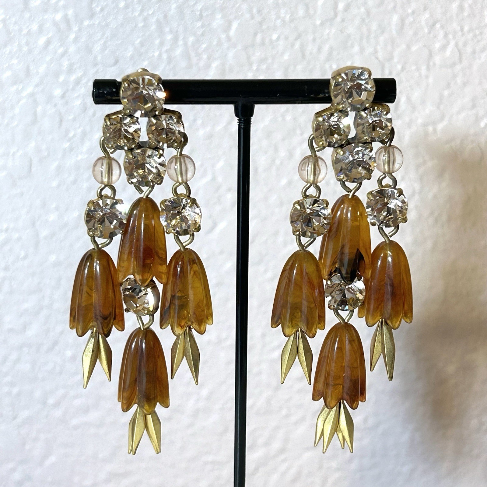 J Crew Signed Chandelier Earrings Amber Lucite Rhinestone Statement
