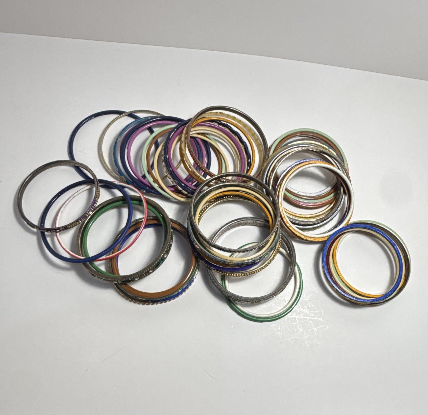Lot of Multicolor Stackable Metal Round Bangle Bracelets, No Stone