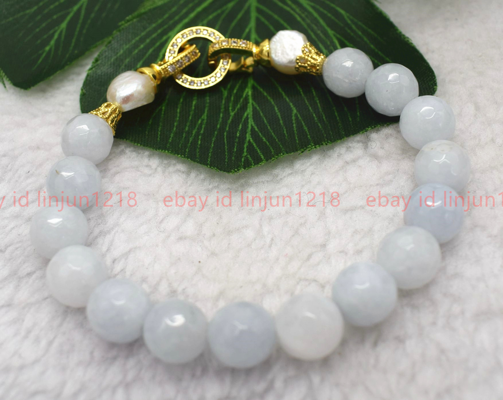 Natural 8mm Light Blue Aquamarine Round Gemstone Bead White Pearl Bracelet 7-9in