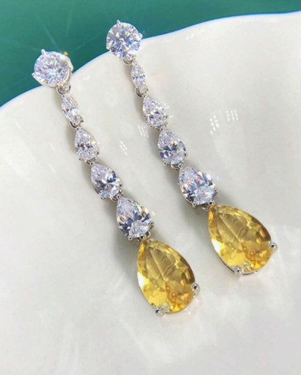 Long Yellow Oblong Rhinestone Earrings Clear Crystal Prom Pageant 2.5 ” Drop
