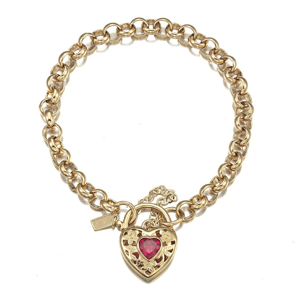 18K GL Solid Belcher Gold Bracelet Filigree Heart Padlock Ruby Red Gem