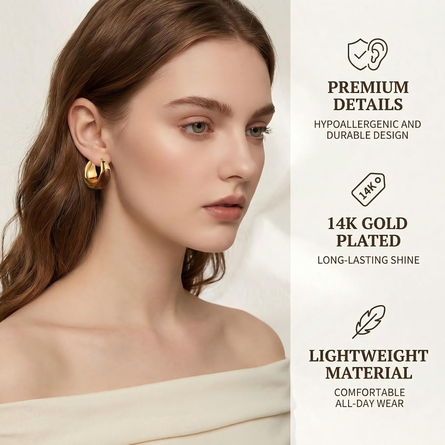 Amber Resin Hoop Earrings for Women 14K Gold Plated – Hypoallergenic Chunky Gold