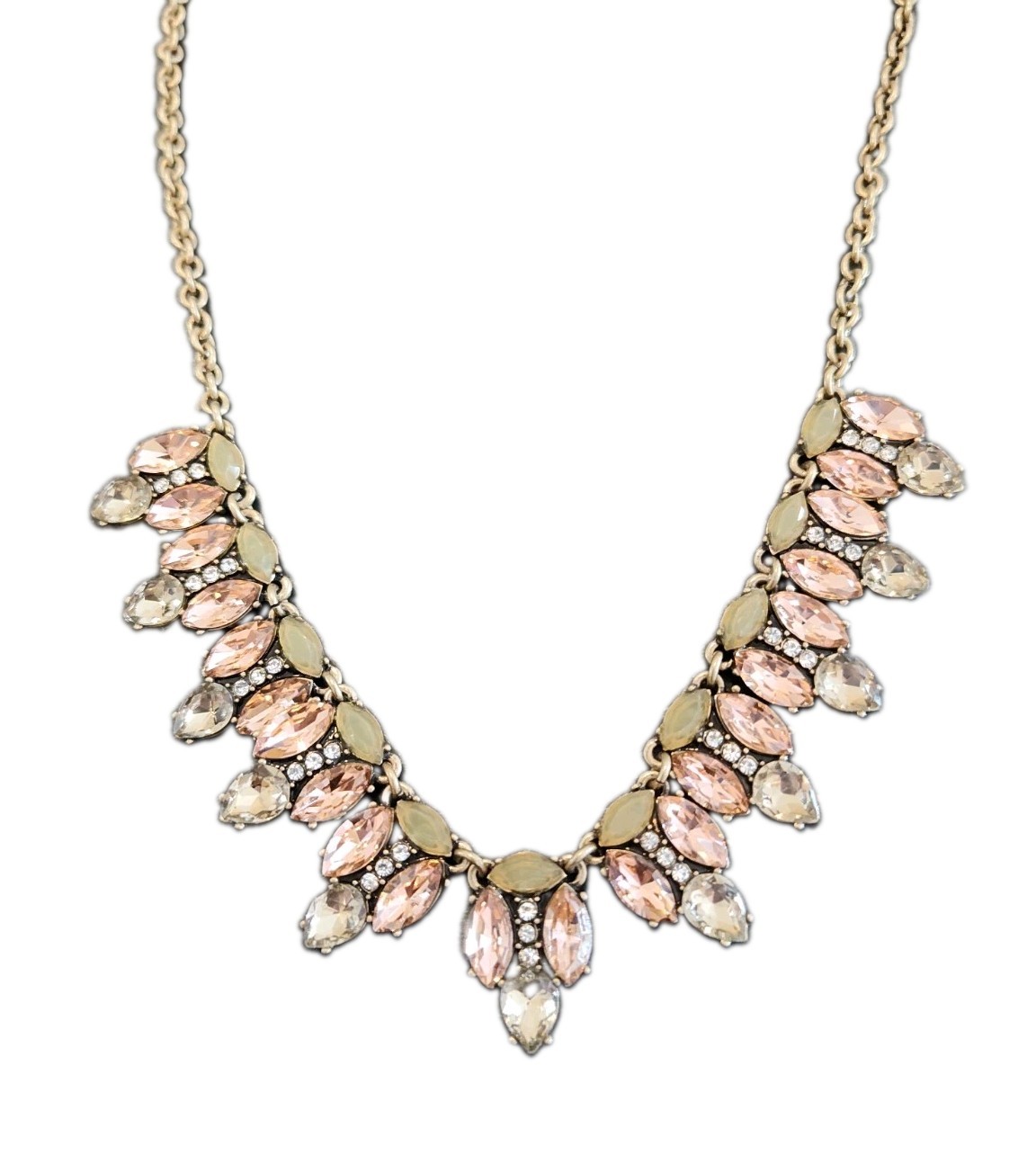 Banana Republic Gold Tone Pink, Gray,Clear Rhinestone Statement Bib Necklace NWT