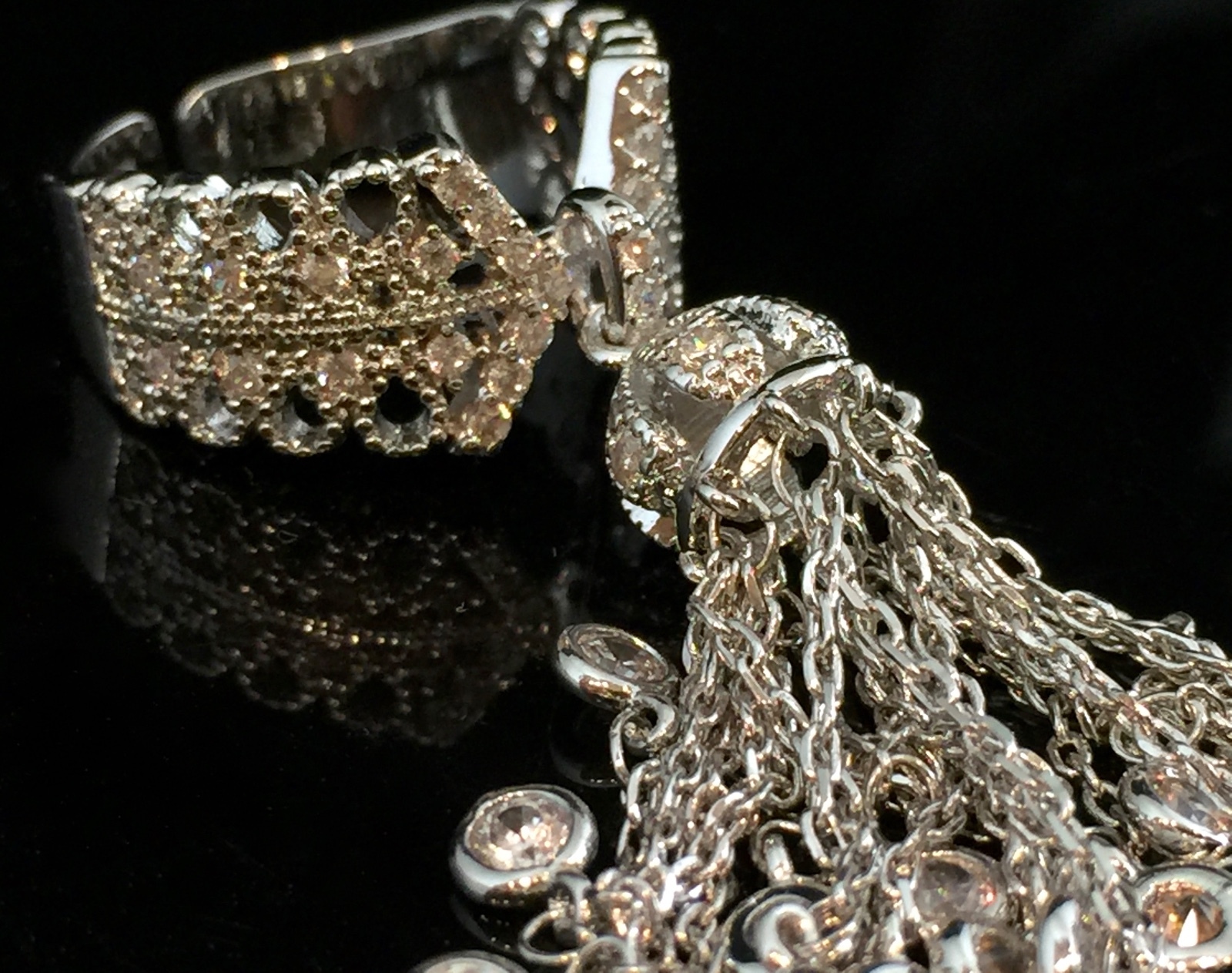 18k White Gold Plated Haute Couture Fringe Tassel Ring made w Swarovski Crystal