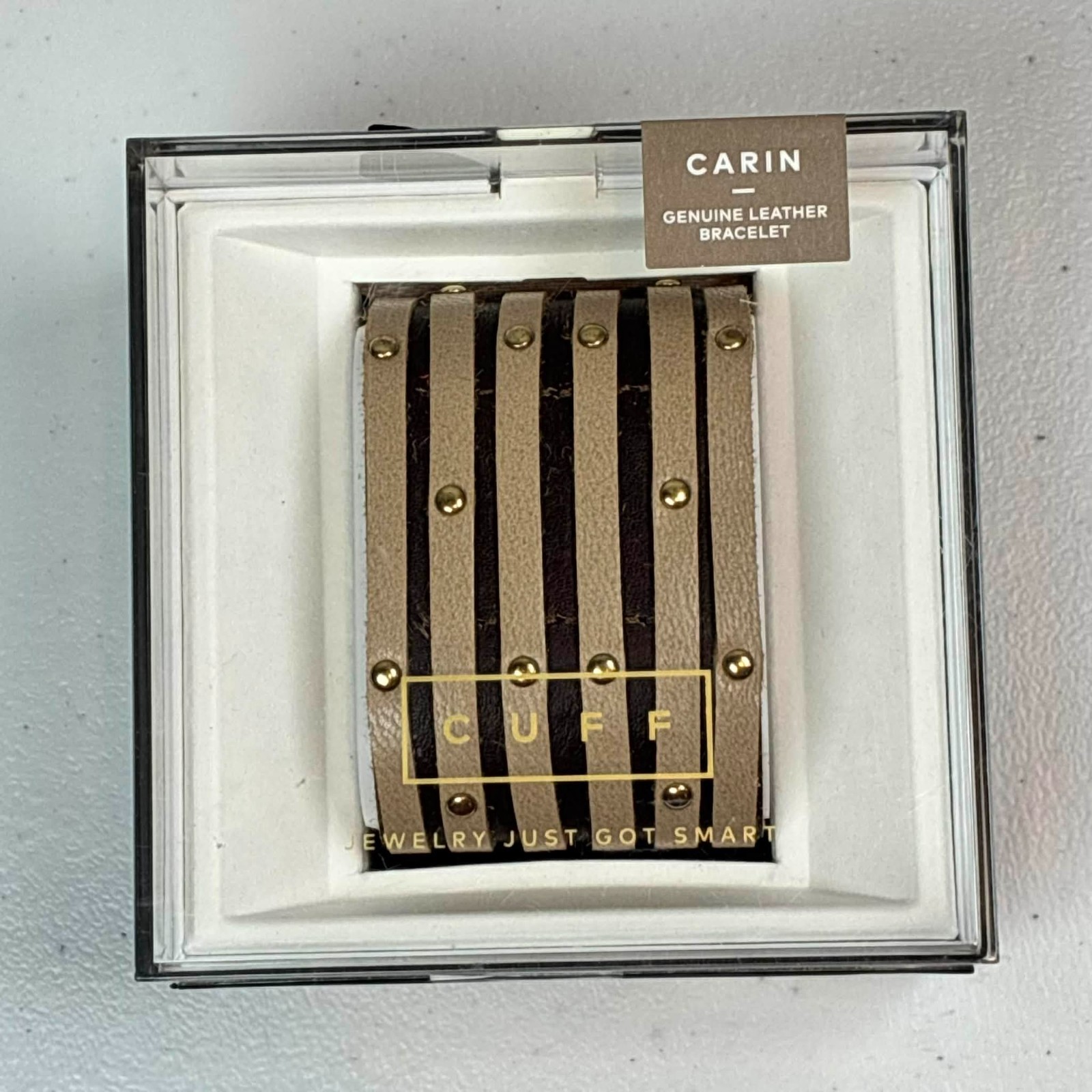 CARIN Smart Bracelet Genuine Leather Cuff Fawn Brown Gold Studded Wide Band NWT