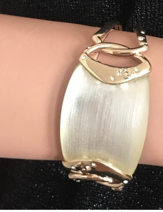 Alexis Bittar Gold & Cream Lucite Rectangle Cuff Bracelet w/ Clear Crystals