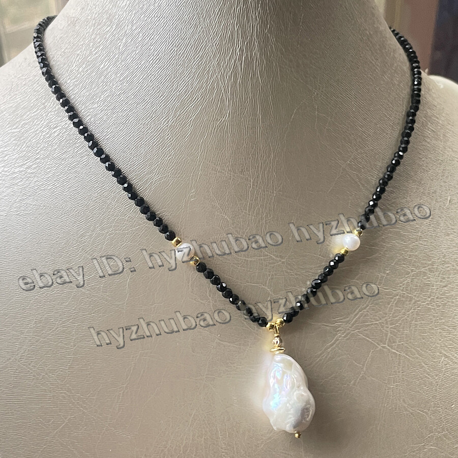 3mm Faceted Black Spinel Beads & White Baroque Keshi Pearl Pendant Necklace 18″