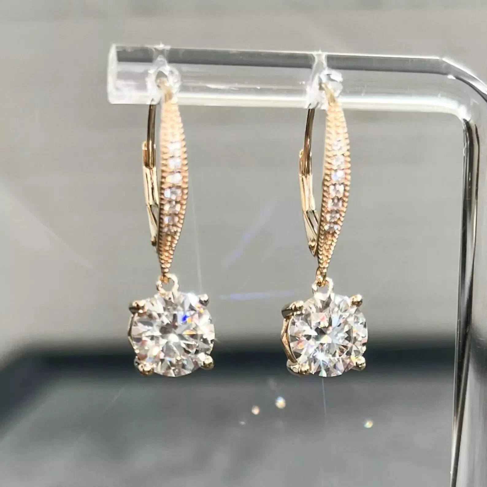 Women’s Drop Hoop Earrings 2Ct Round Simulated Diamond 14k Yellow Gold Plated
