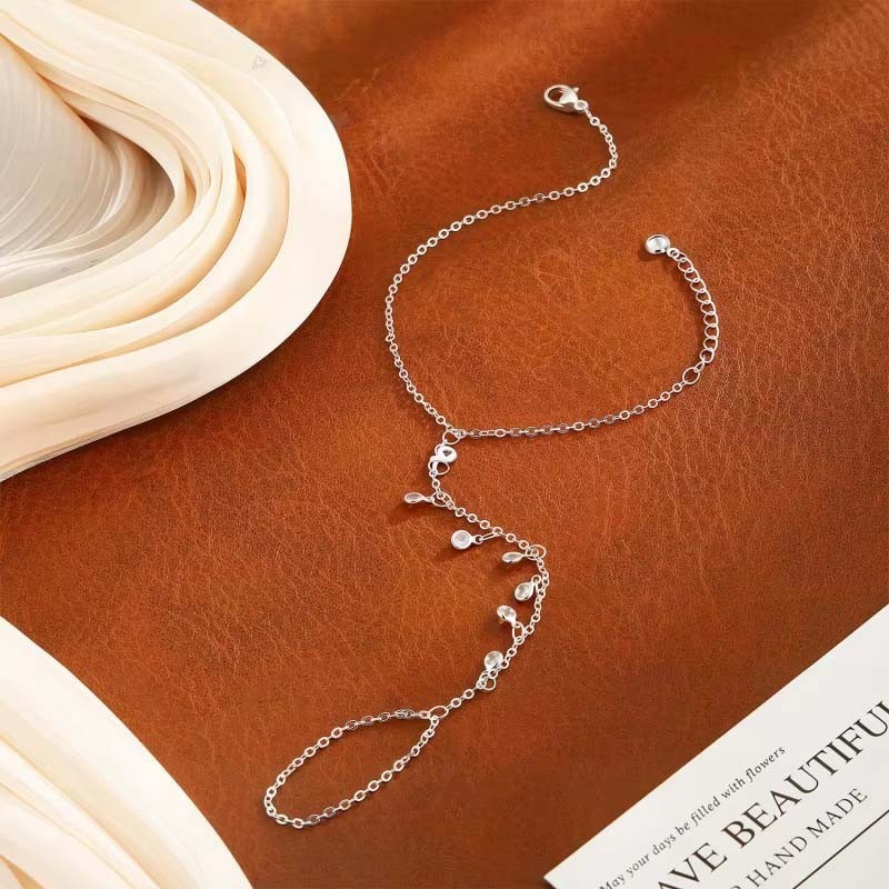 Stainless Steel Zircon Hand Harness Bracelet Ring Chain Tassel Jewelry for Women