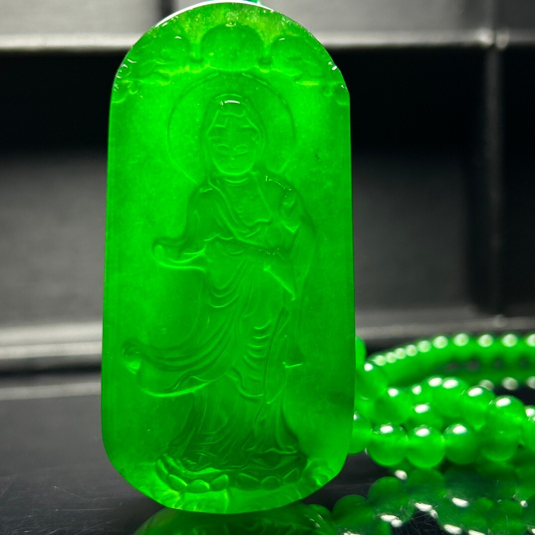 Certified Natural Ice Green jade Jadeite Carved Guanyin Pendant&Necklaces 站观音