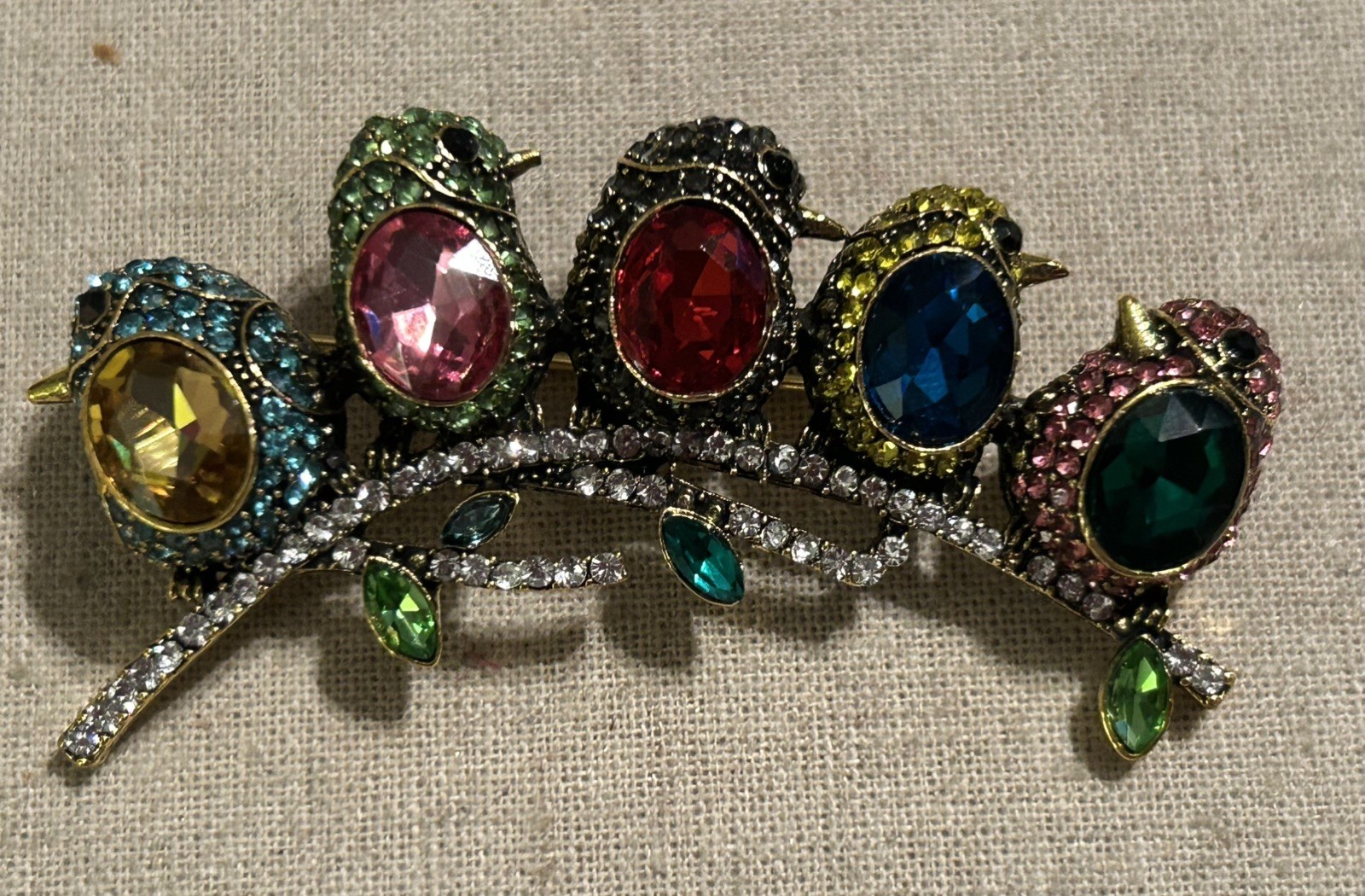 HEIDI DAUS Multicolored Rhinestone 5 Birds On A Branch Brooch PIN