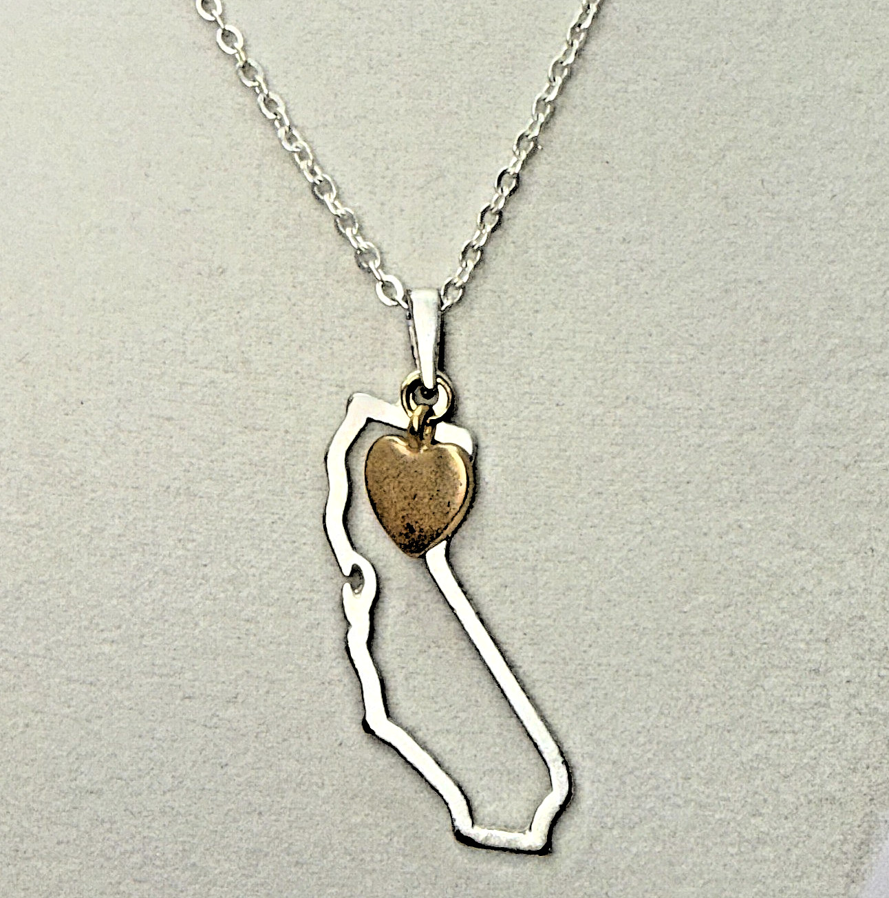 California State Outline Pendant Necklace Silver Two-Tone Gold Heart Charm