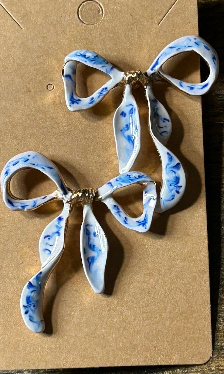 Blue And White Enamel Bows Stud Drop Earrings Gold Plated. 1.75”
