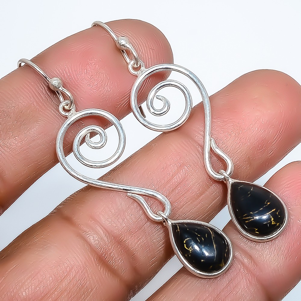 Copper Black Turquoise Silver Handmade Earring 2.07″ T991
