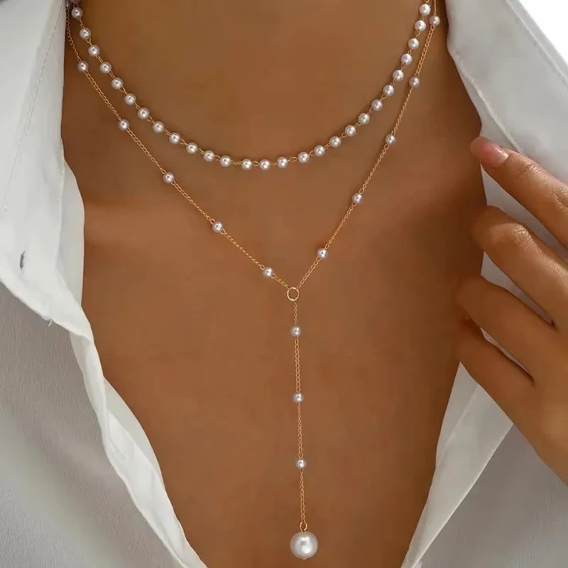 Layered Pearl Necklace Women Gold Y Lariat Choker Dainty Beaded Pendant Jewelry-