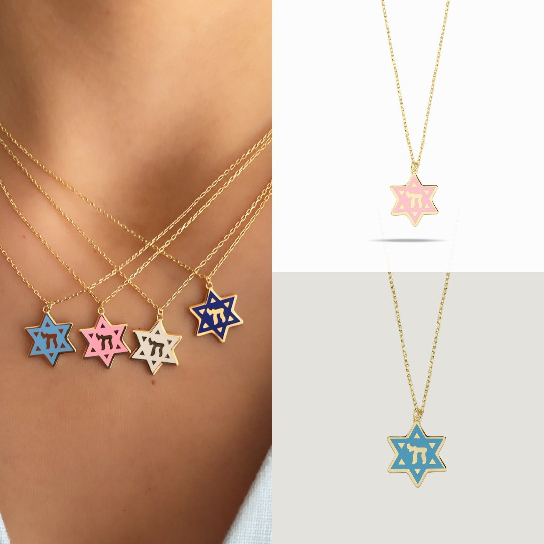 Star of David Chai Necklace Enamel Gold Plated 925 Silver Jewish