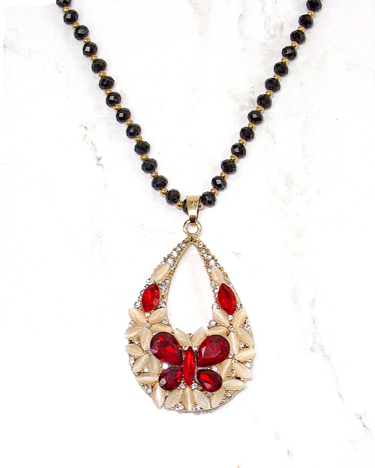 Red crystal butterfly pendant necklace with white cat eye stones, crystals – NEW