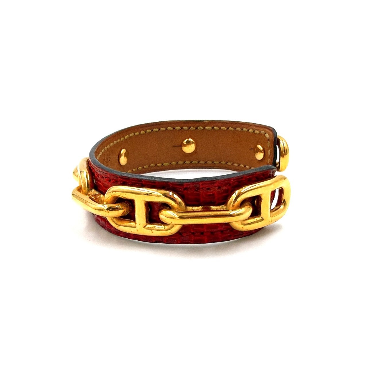 Hermes Chaine d’Ancre Cuff Bangle Lizard Leather Red Gold Chain Link Box Auth