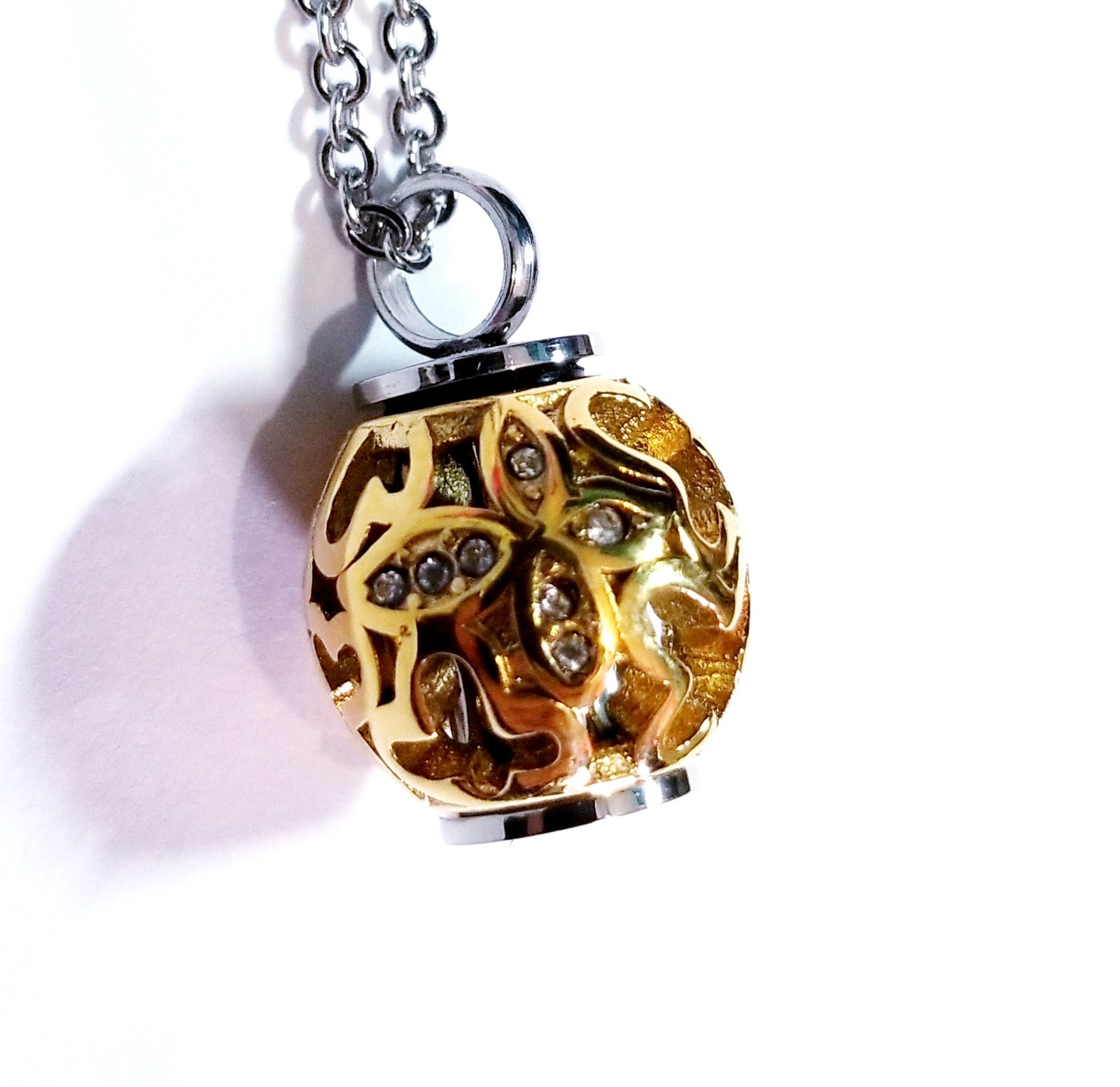 Yellow Gold Tone Urn Cremation Memorial Necklace Ball Pendant for Ashes