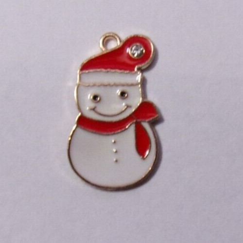 Red, White & Black Enamel, Clear Rhinestone & Gold Tone Snowman Pendant Charm