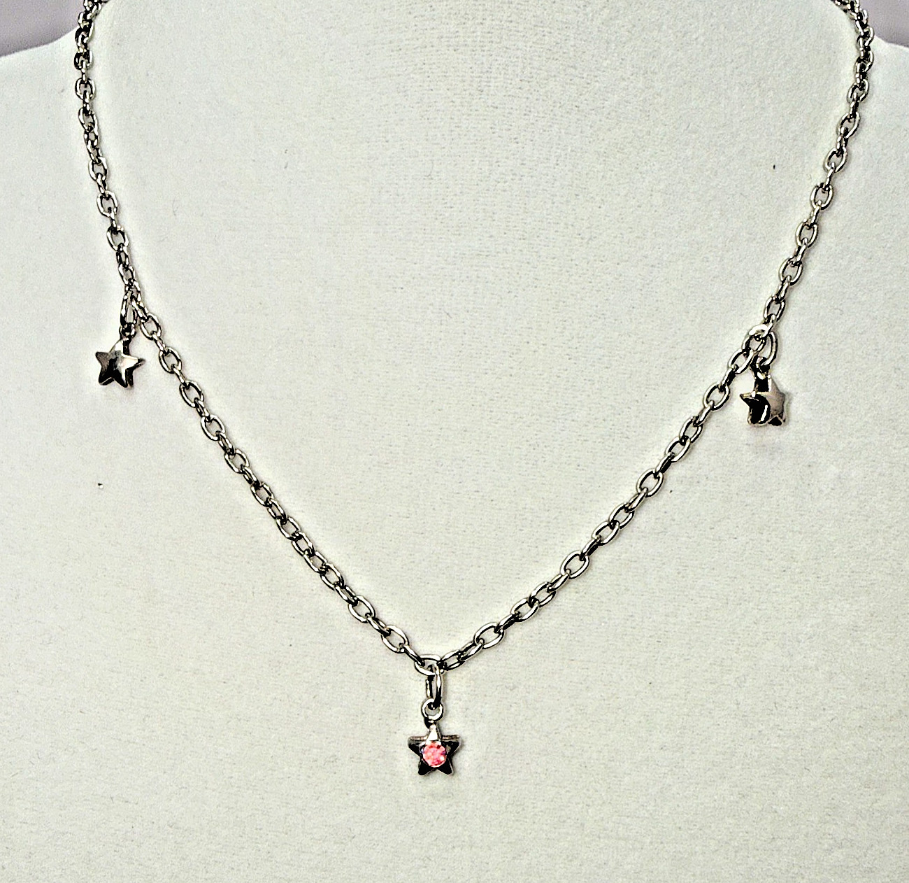 Silver Tone Multi Star Charm Necklace Pink Rhinestone Center Accent Link Chain