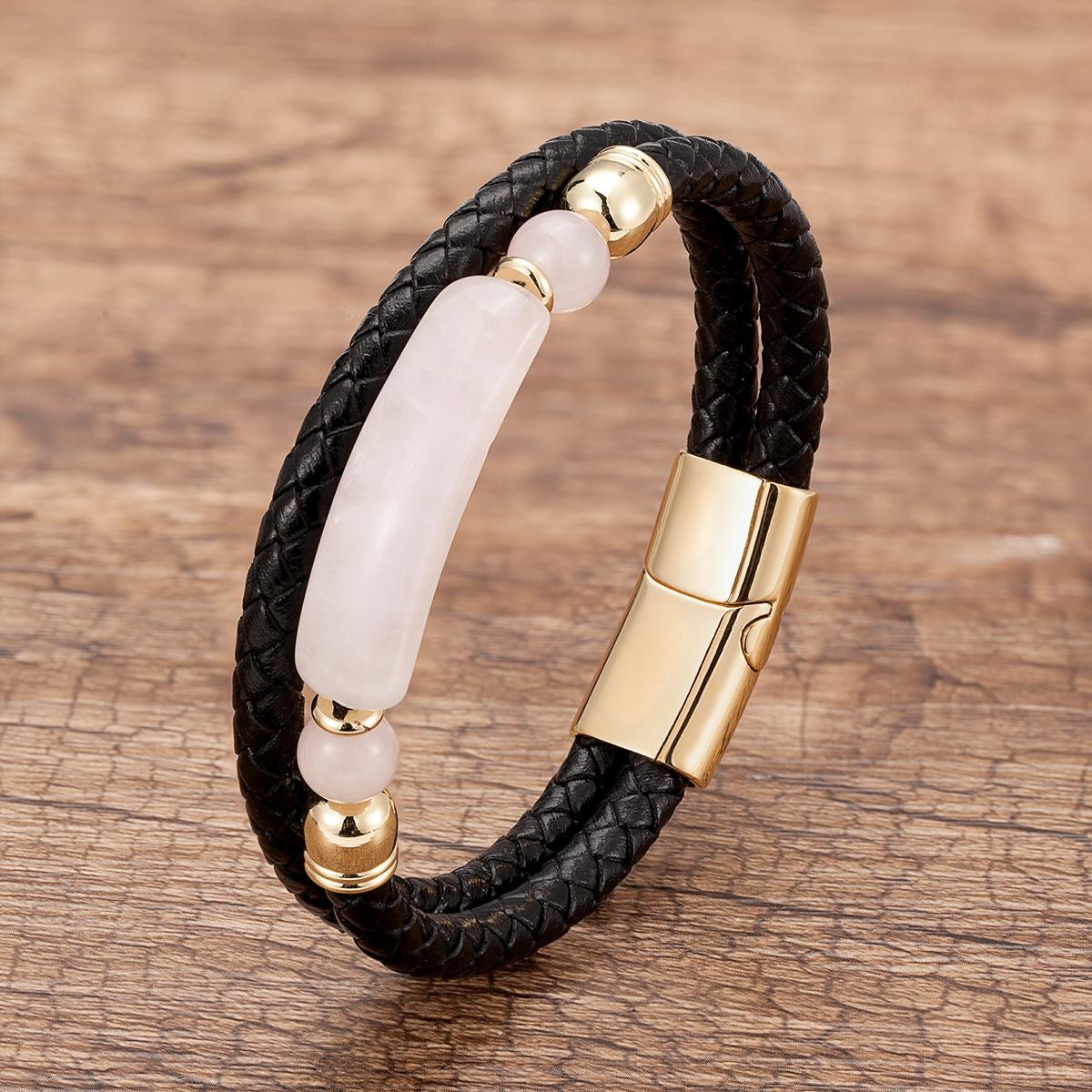 Men’s Multi-Layer Leather Bracelet with Natural Stone – Stainless Steel Clasp
