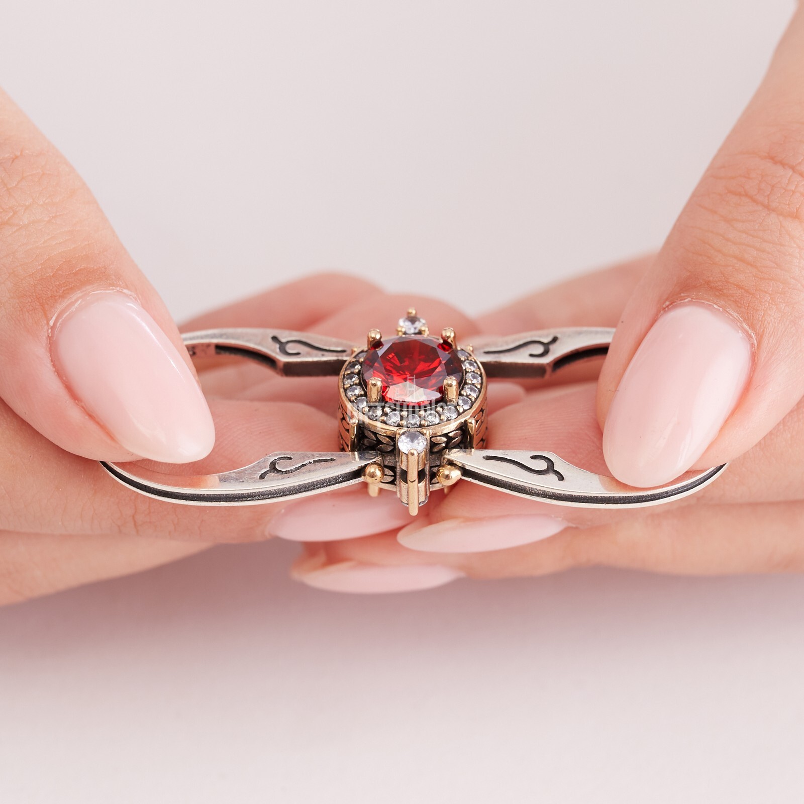 Turkish Reversible Round Red Ruby and Black Onyx Topaz 925 Sterling Silver Ring
