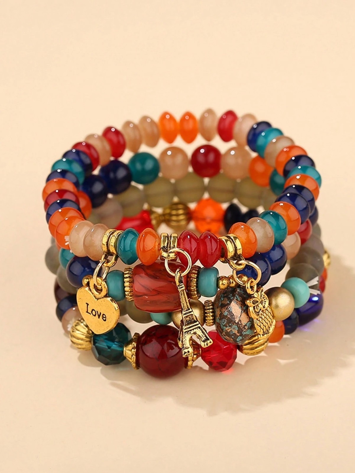 4PCS Boho Beaded Layered Bracelets Heart Owl Ladies Girls Women’s Jewelry Gift