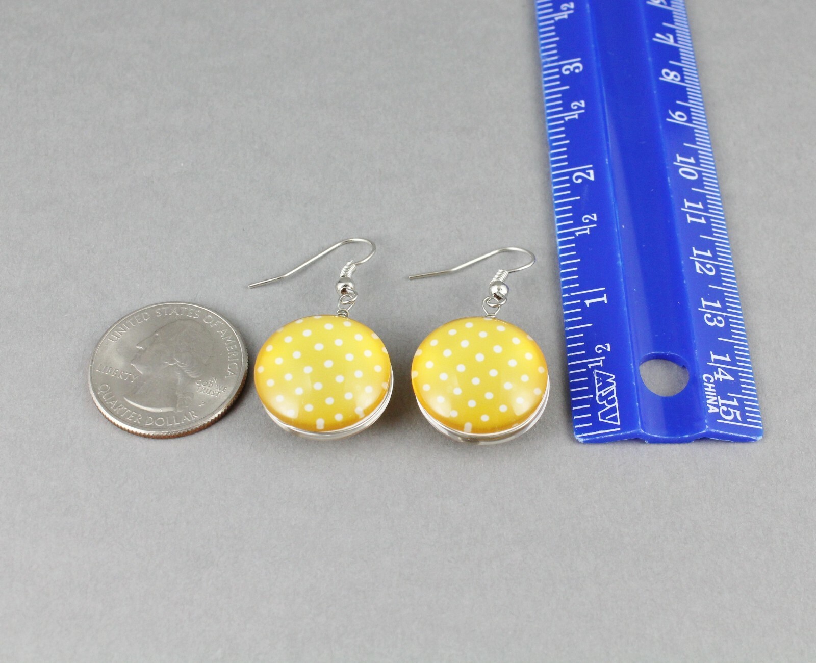 Yellow earrings polka dot dangle jewelry 1 5/8″ long medallion white dots