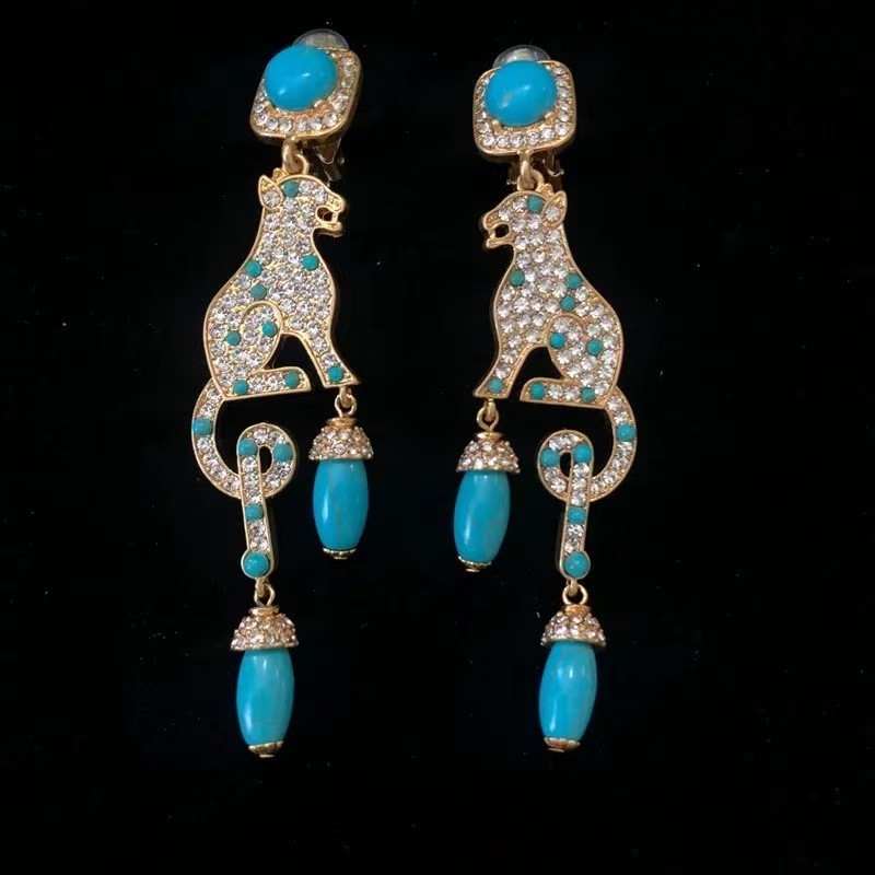 Vintage Gold Leopard Clip On Earrings Turquoise Drop Statement Long Dangle
