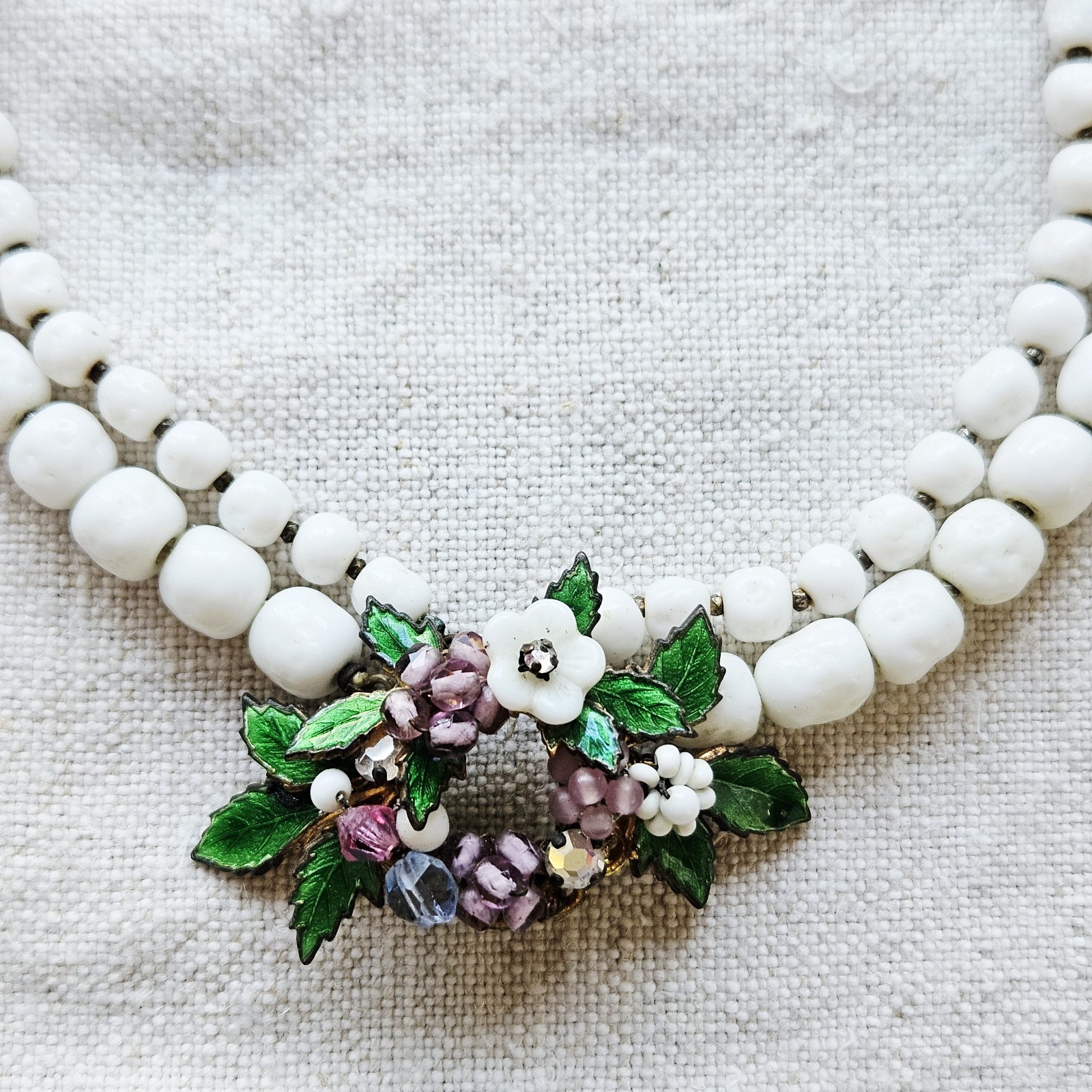 Unsigned Miriam Haskell Floral Pendant Double Strand Milk Glass Beaded Necklace