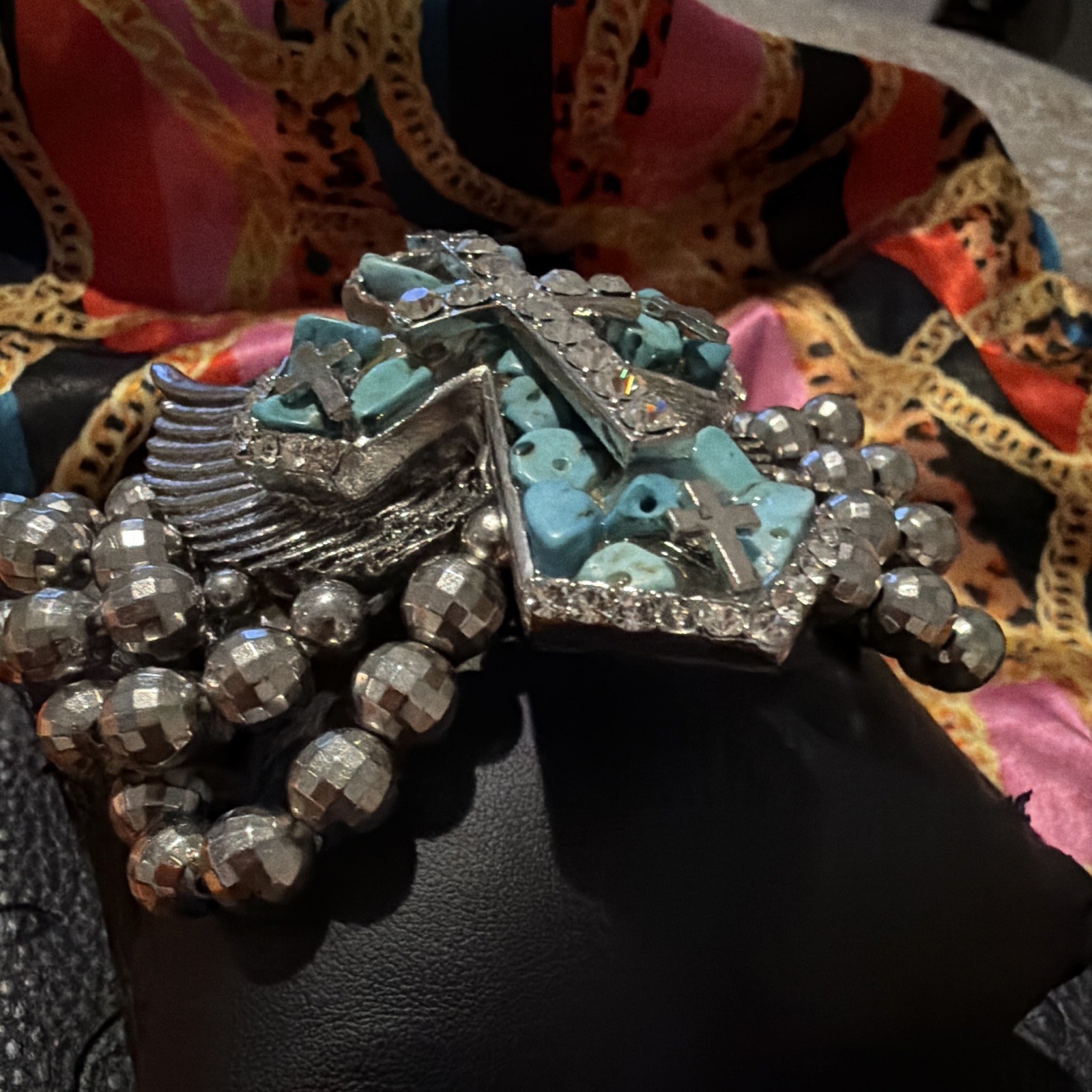 Multi-Strand Silver Tone Beaded Bracelet Turquoise Dangle Winged Cross Charm
