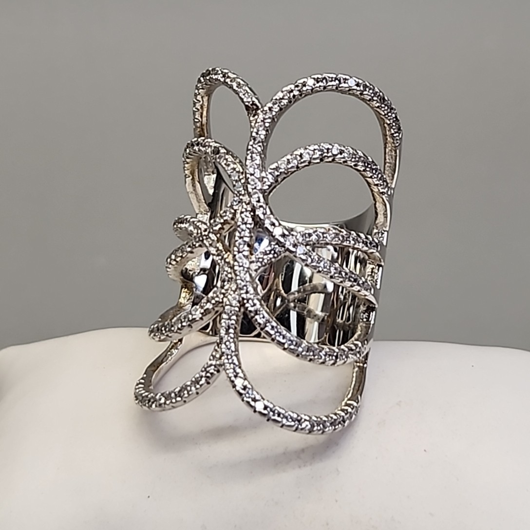 Full Finger Ring Clear Rhinestones Openwork Silver Tone 8.25