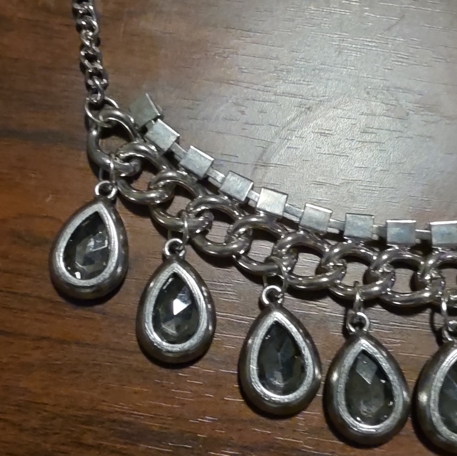 Silver Tone Curb Chain Statement Necklace Black Teardrop Rhinestone Charms Adj