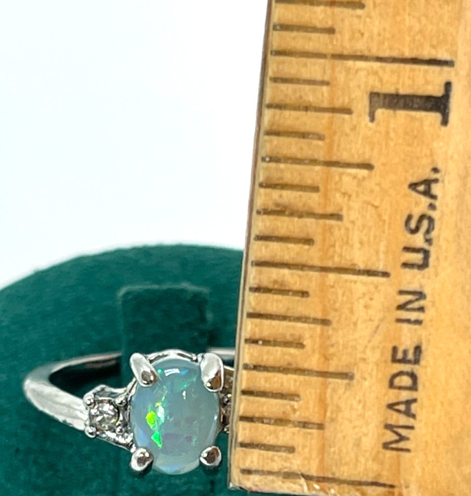 Ring Silver Tone Blue/Green Lab Opal w/Clear Crystal Side Accents Size 5