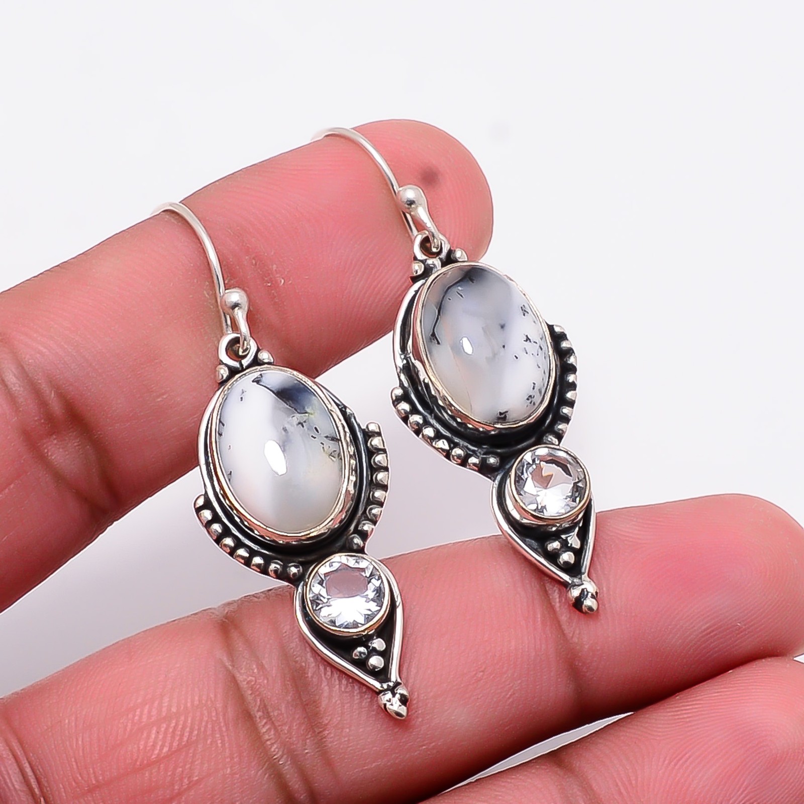 Dendritic Agate – Brazil & White Topaz Oxidised 925 Silver Earring 1.82 E1095413