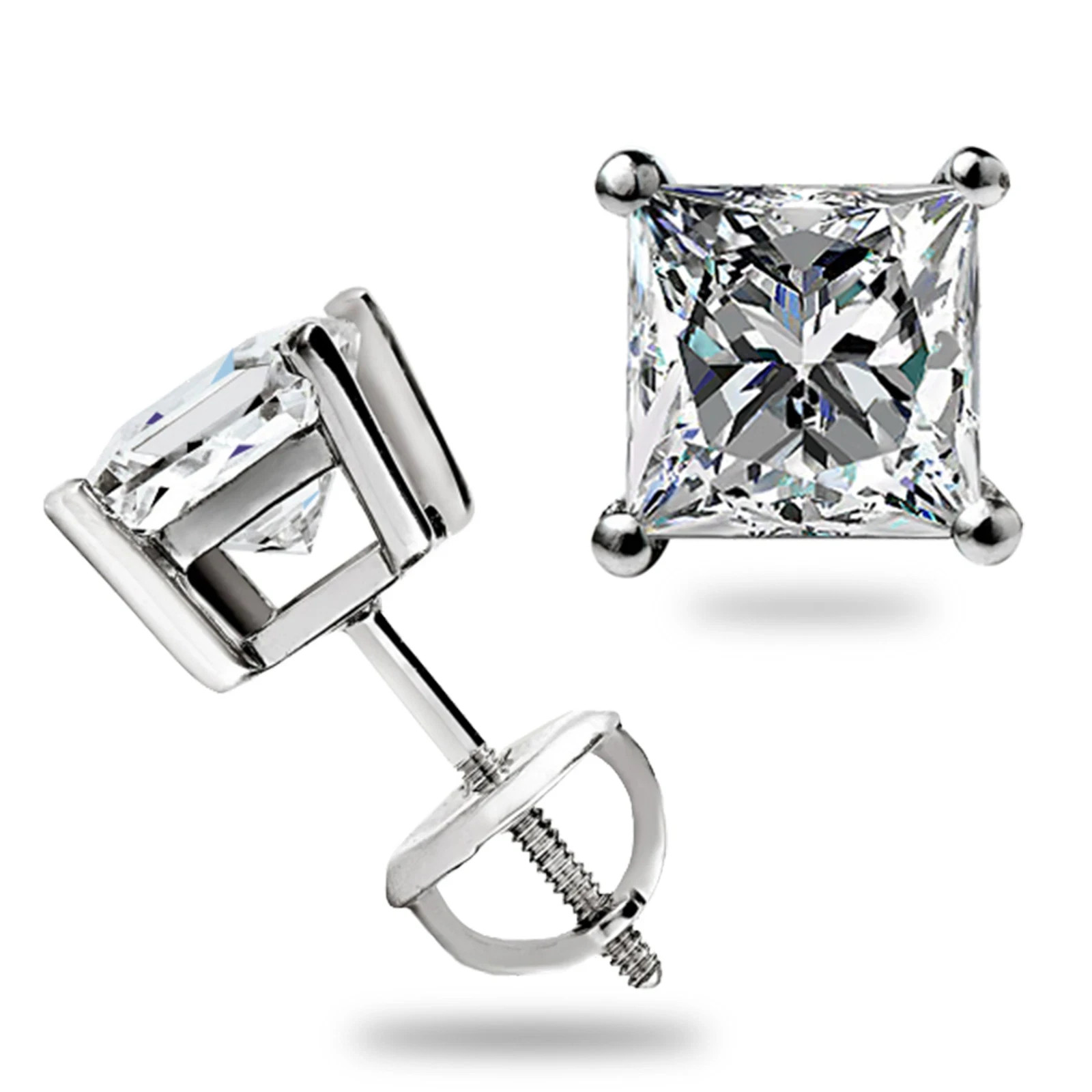 1CT Princess Simulated Diamond Solitaire Stud Earrings 14k White Gold Plated