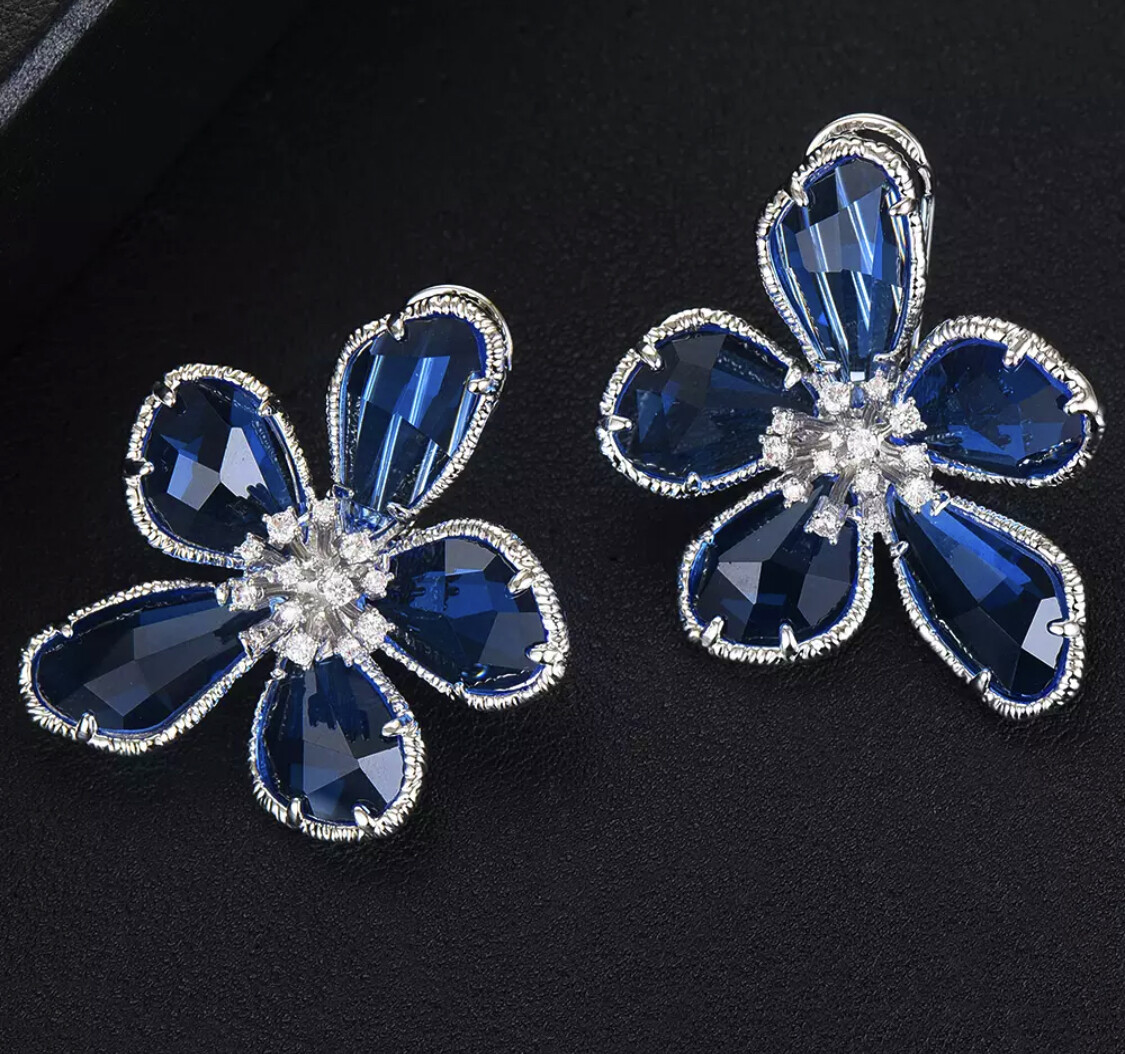 18K White Gold Plated Flower Blue Earrings made w Swarovski Crystal Elegant Gift
