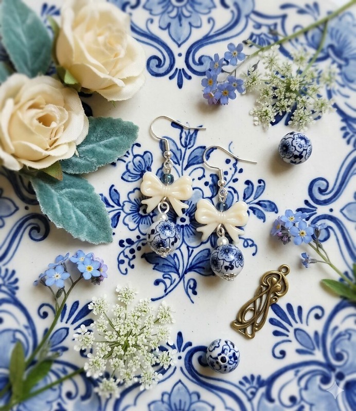 Floral White & Blue porcelain earrings Chinoiserie ceramic style design Delicate