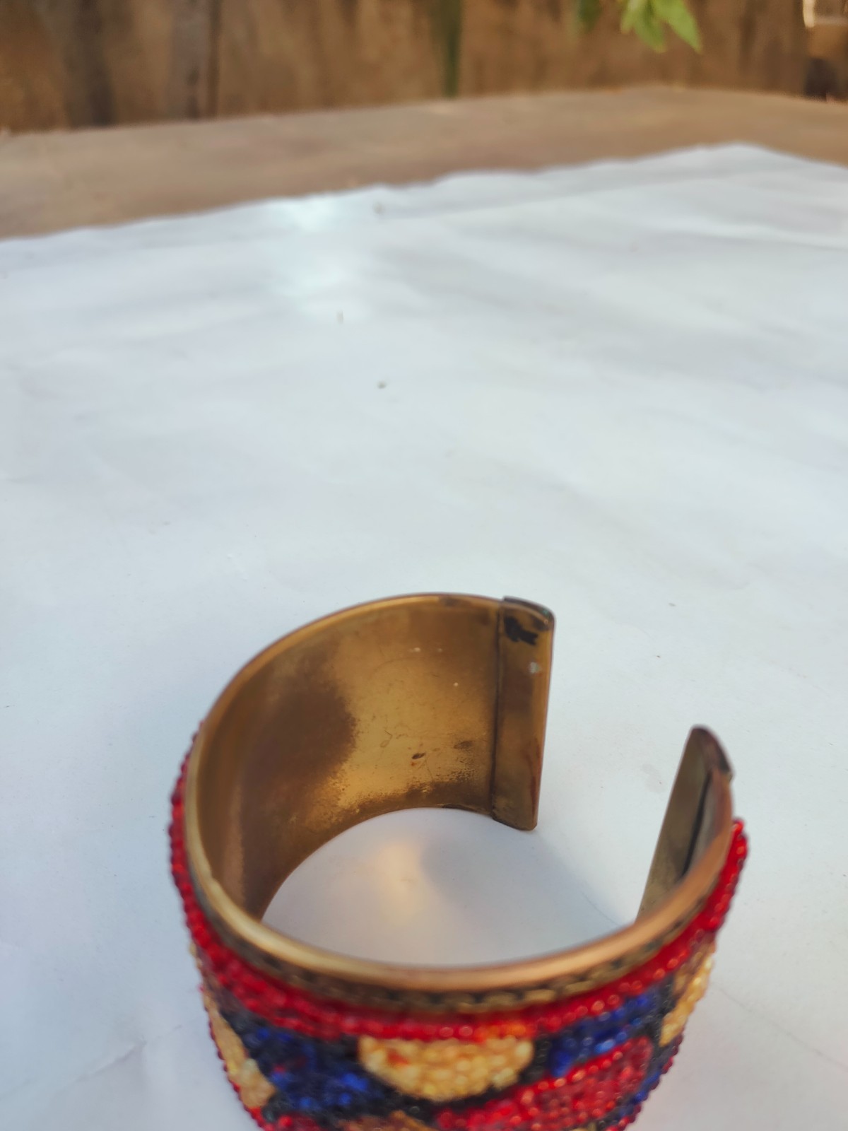 Handmade Brass Cuff Bracelet Colorful Seed Beaded Wide Open Bangle Boho Ethnic
