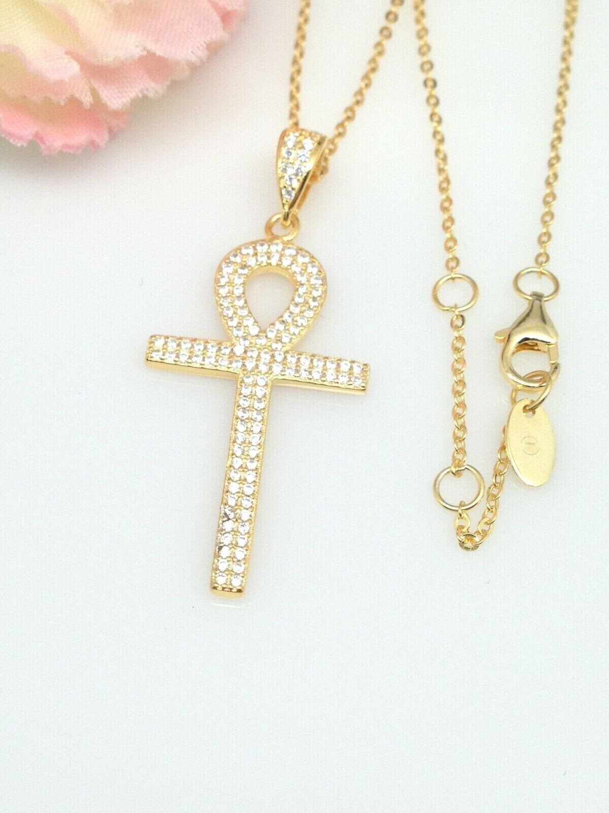 925 Sterling Silver CZ Ankh Cross Pendant Necklace Gold Women 30mm/1.18″ 19.75″